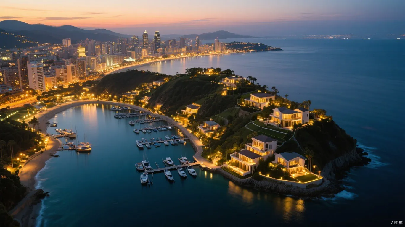 Aerial dusk view of the coastal peninsula