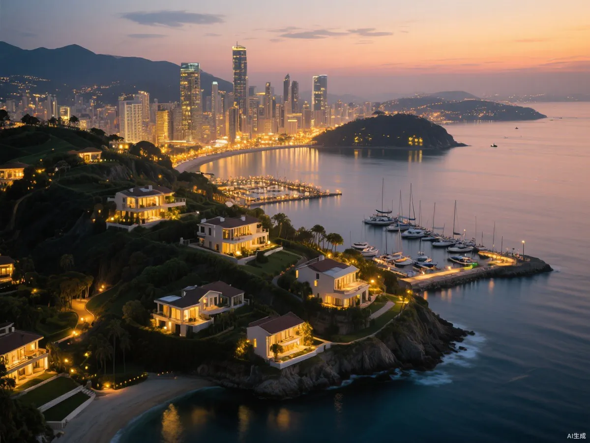 Aerial dusk view of the coastal peninsula and marina