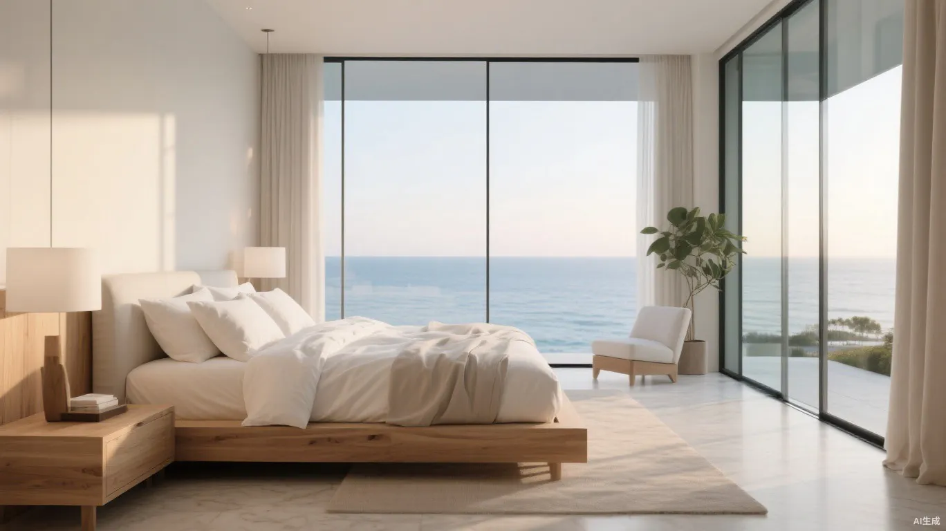 Minimal luxury bedroom suite with glass walls facing the sea