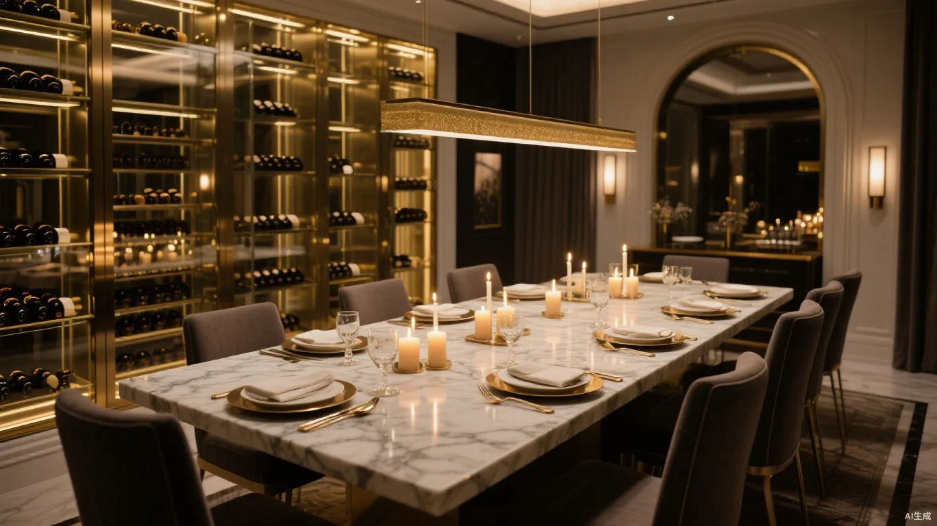 Candlelit private dining room with marble chef’s table