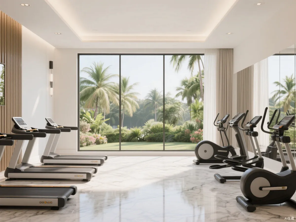 Fitness studio with garden views