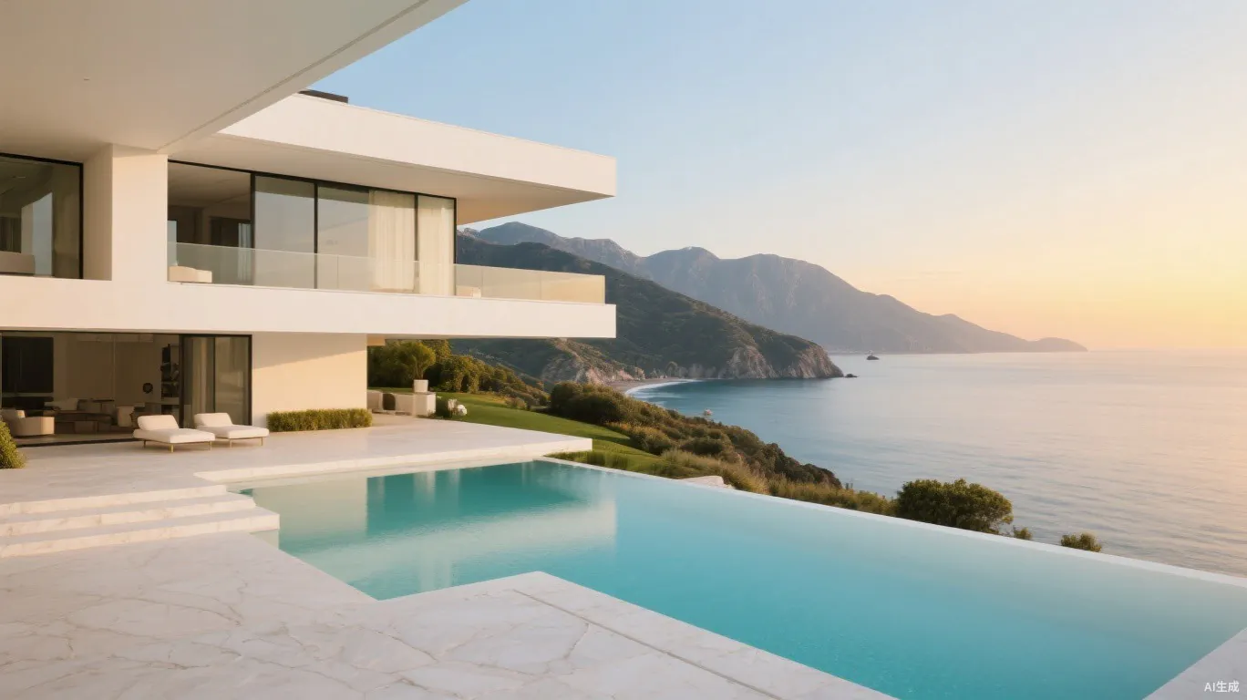 Ultra-luxury coastal villa with an infinity pool above the ocean at sunrise
