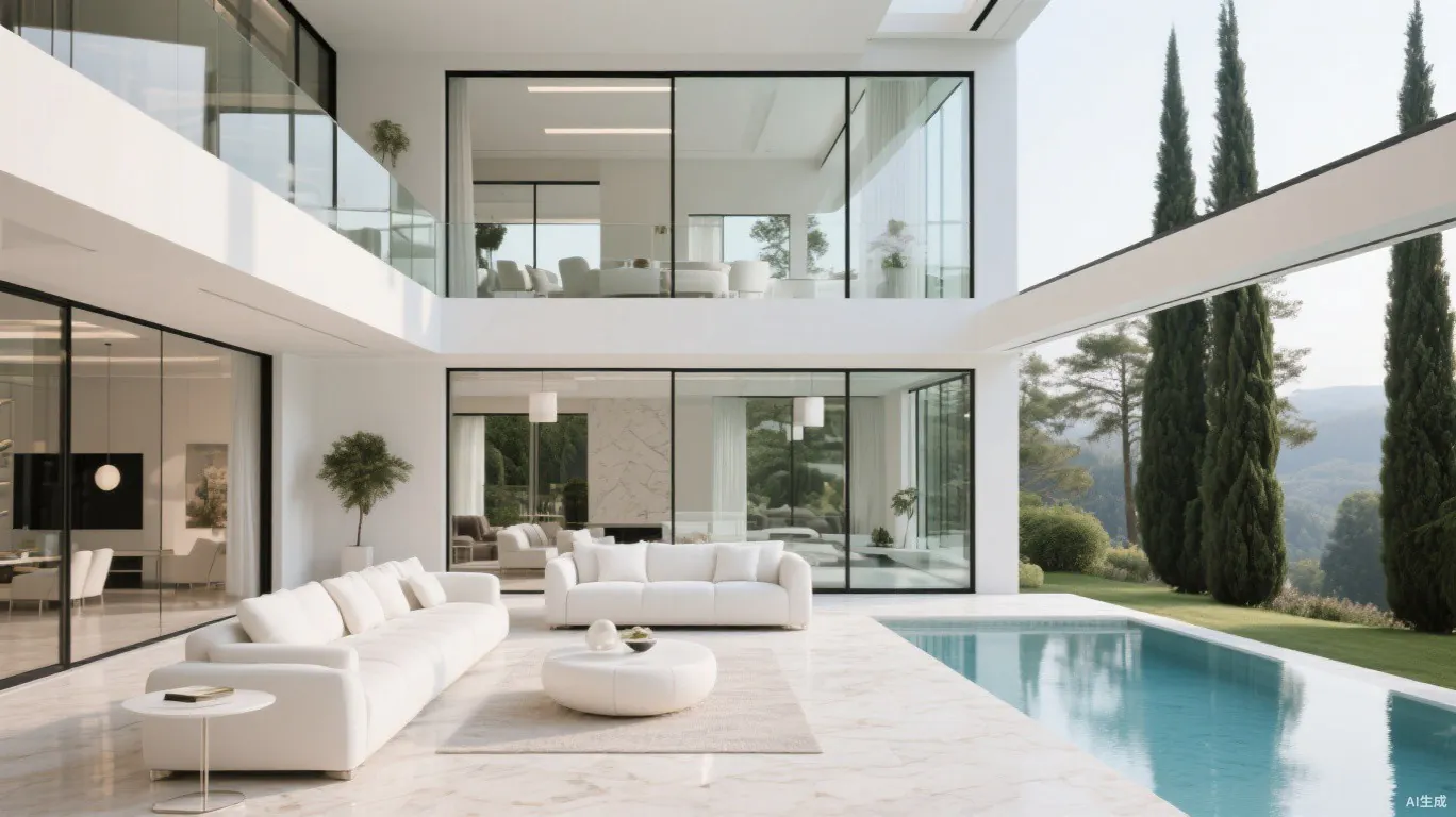 Double-height glass living room opening to an infinity pool