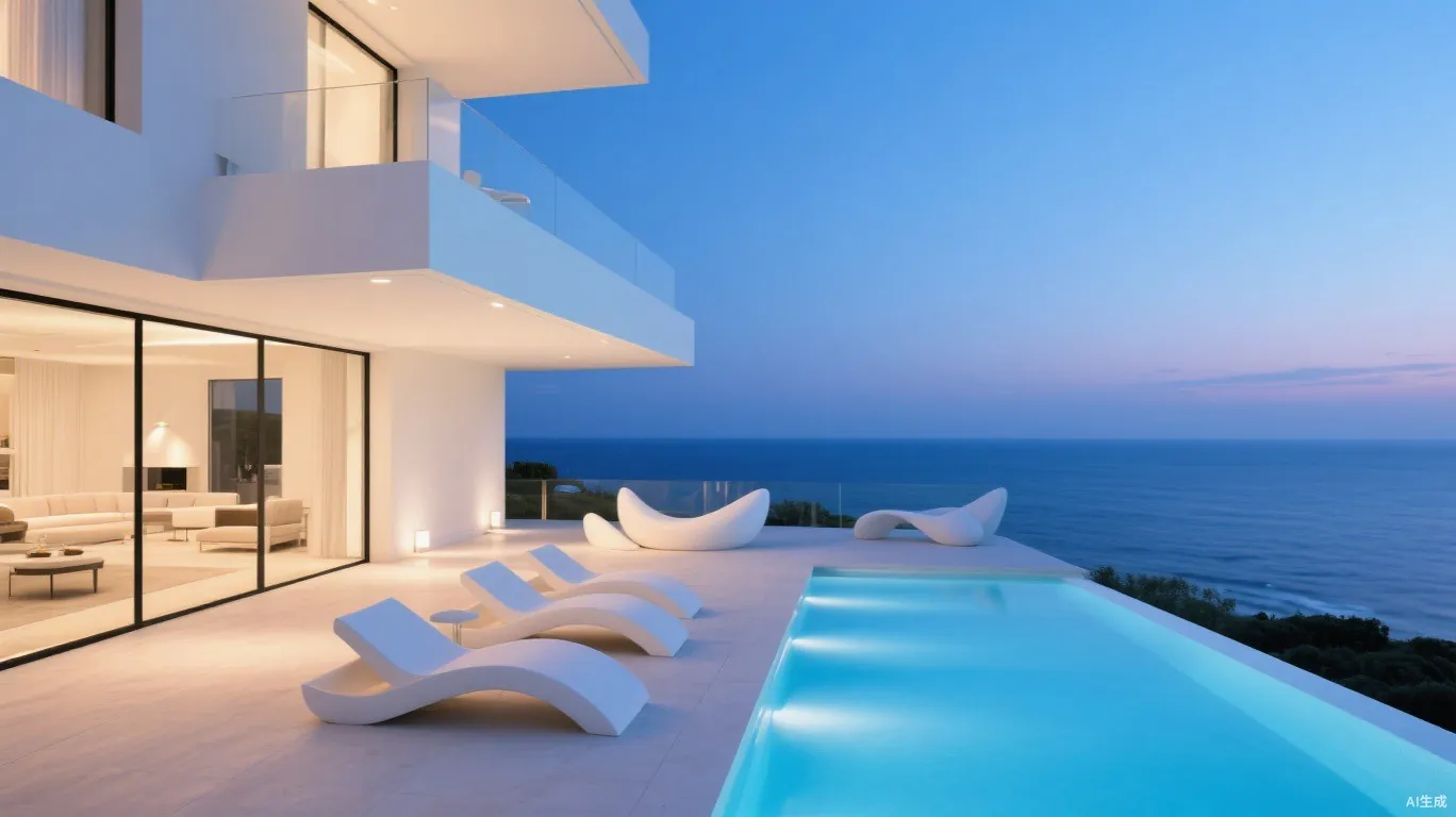 Villa terrace above the ocean at blue hour